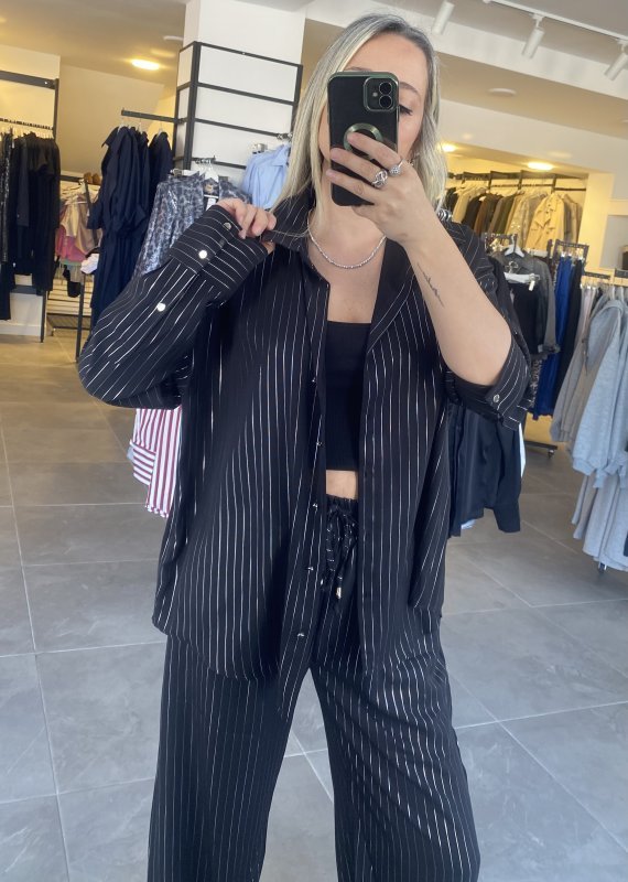 Gümüş Çizgili Oversize Gömlek